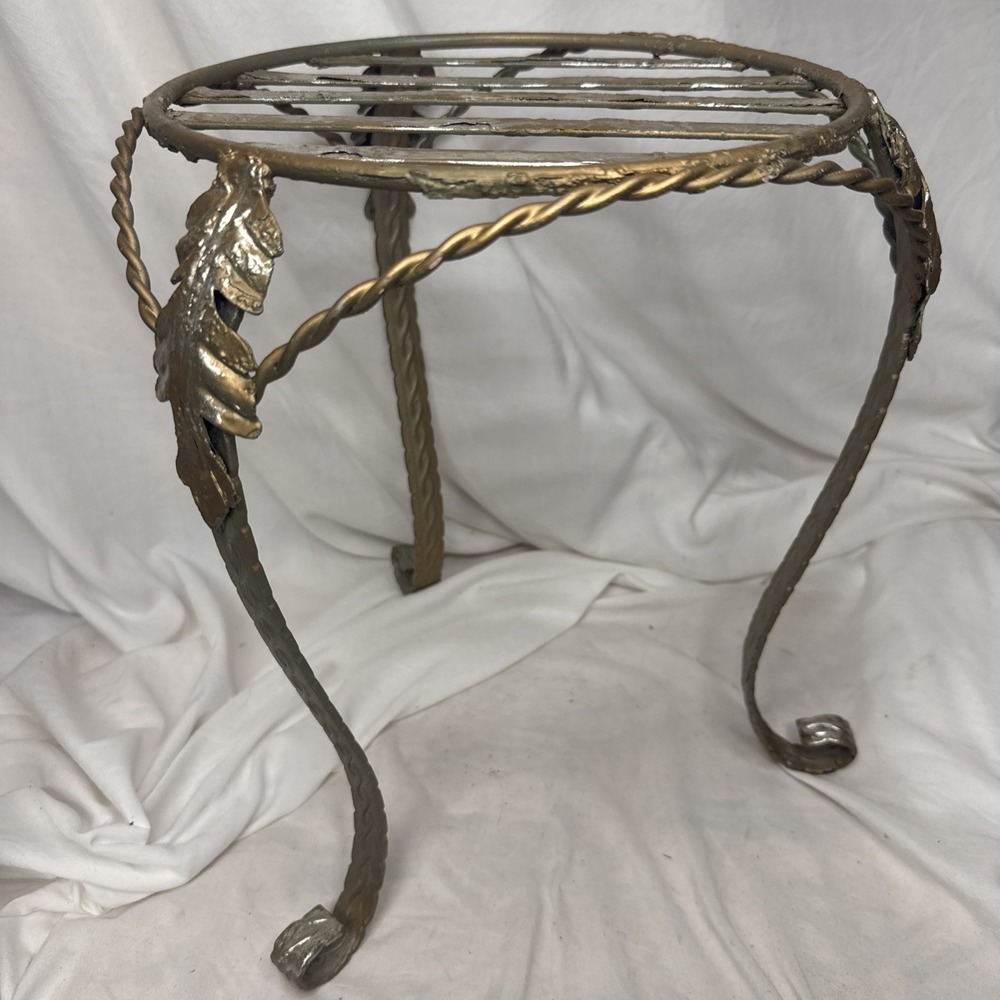Vintage Wrought Iron Plant Stand Ornate Leaf Legs MCM Pedestal End Table Garden
